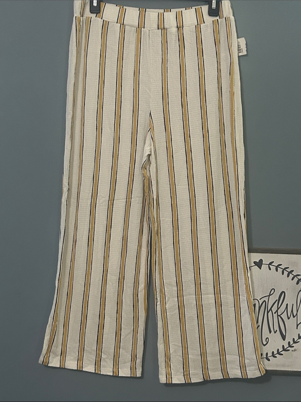 Love Tree Cream Wide-Leg Palazio Pants with Mustard & Black Stripes